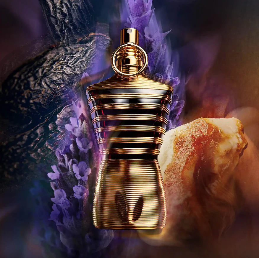 Flacon Le Male Elixir Jean Paul Gaultier buste homme marinière dorée parfum luxe eau de parfum